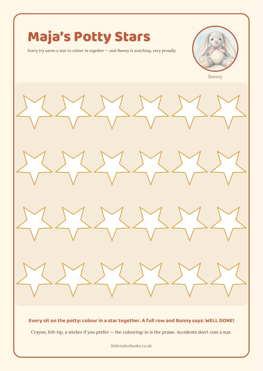 The free printable star chart, with the child's name and their toy in the corner