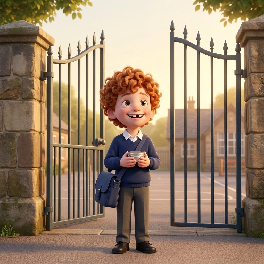 The painted cover: a child at the school gate in their own clothes, holding a little silver tin