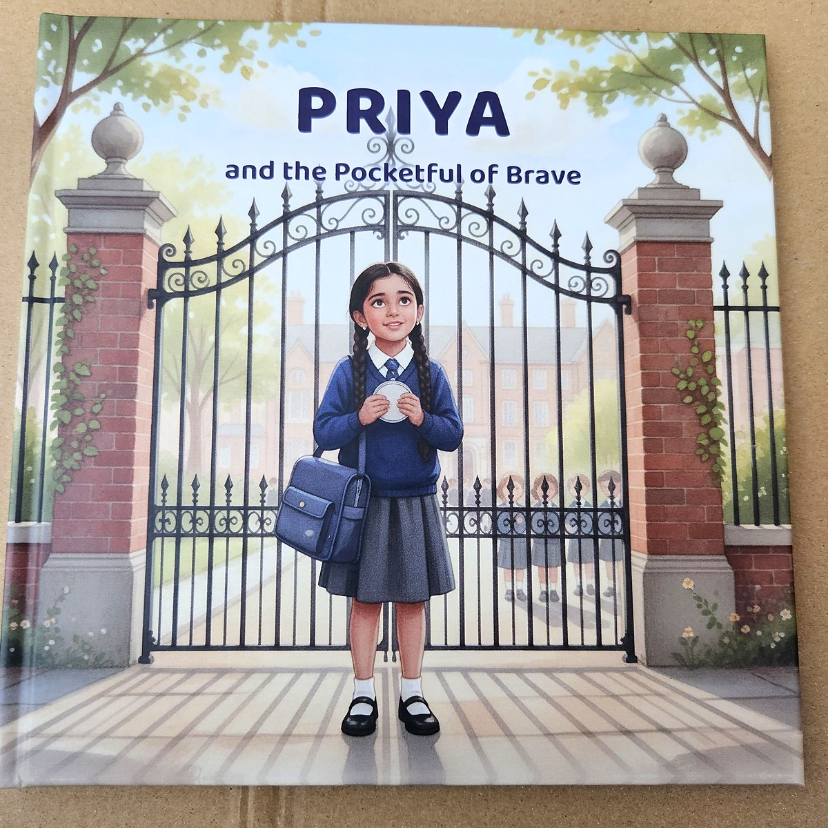 The printed hardcover, fresh from its box — Priya at the school gate