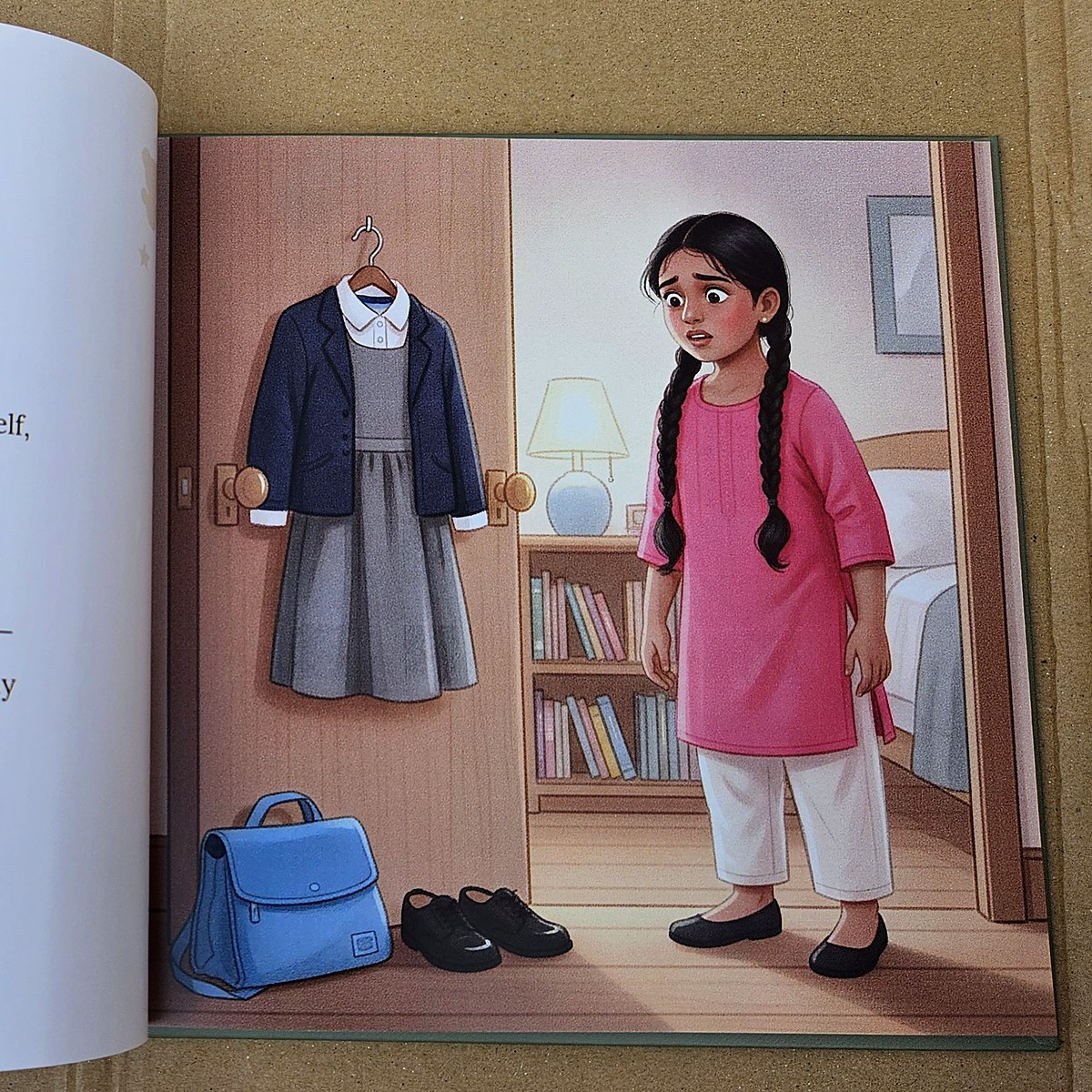 A real spread open flat — the same child painted on every page